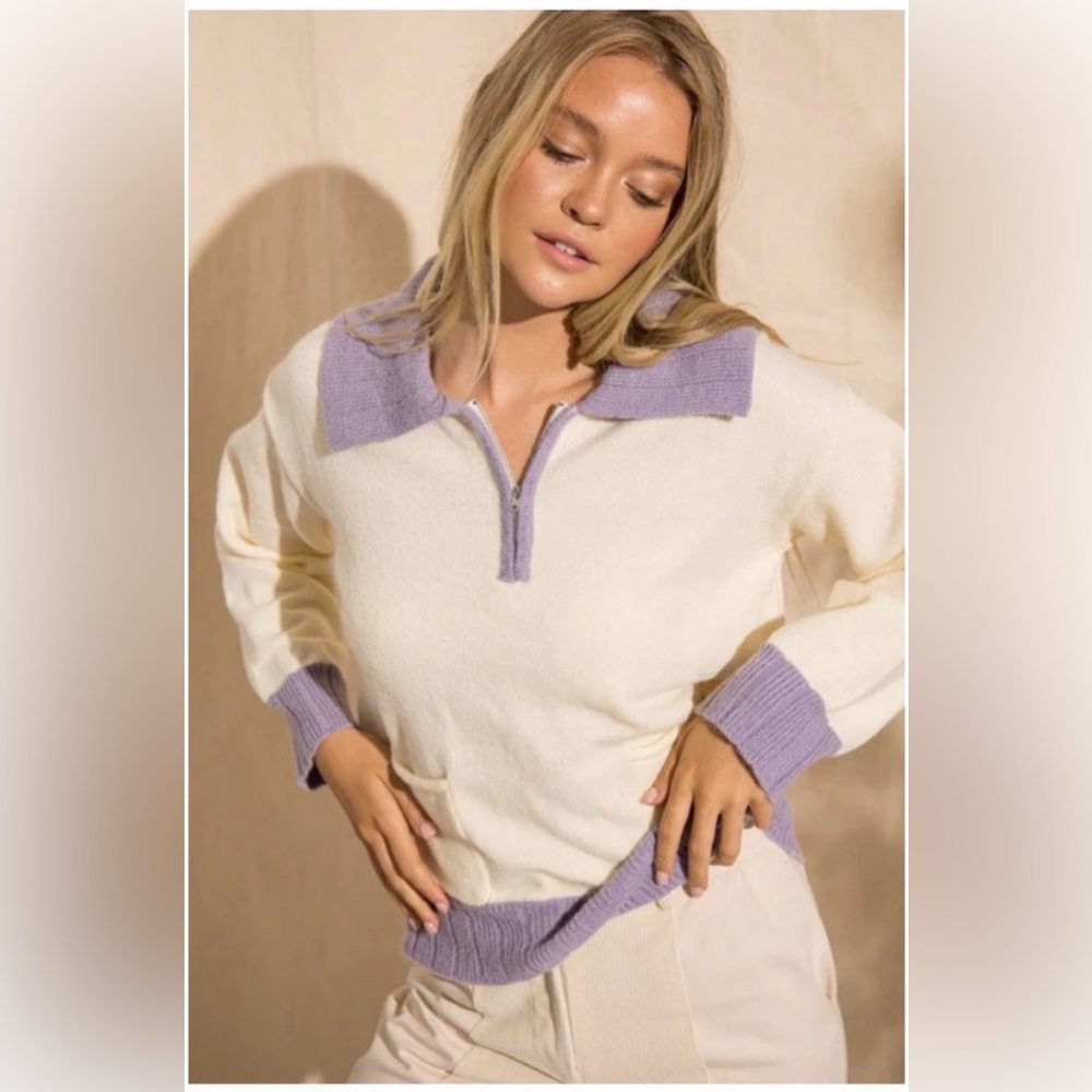 Paper Moon Quarter Zip Sweater S | Cream Lavender Collared